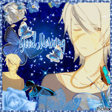 a picture of a man with butterflies and the words " good morning "