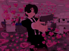 a man in a suit is pointing a gun in an office with hearts around him