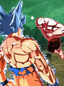 a cartoon drawing of goku and jiren fighting