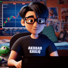 a cartoon character is wearing a black shirt that says akbar kholiq