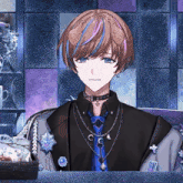 a boy with blue and purple hair is wearing a choker necklace