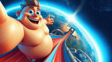 a cartoon character is riding a roller coaster around the earth