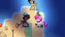 a couple of ponies standing on top of a sandy island .