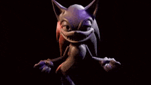 a 3d model of a cartoon character , sonic the hedgehog , is smiling and making a face .