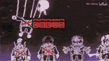 a group of cartoon characters are standing next to each other on a purple background with the words debug debug written in red