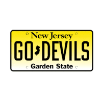 a yellow new jersey license plate that says go devils