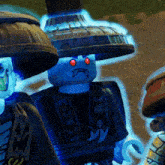 a lego figure with red eyes and a skull on his head