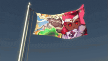 a flag with a picture of a girl and a boy with a cross on her chest