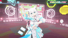 a white anime girl is dancing on a stage in front of a neon sign .