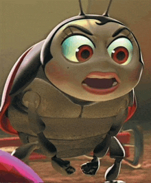 a cartoon bug with big red eyes and a surprised expression on its face