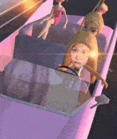 a cartoon girl is driving a pink car with another girl sitting in the back seat
