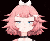 a girl with pink hair has a bow on her head
