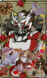 a picture of a robot surrounded by flowers and kittens with the words picmix at the bottom
