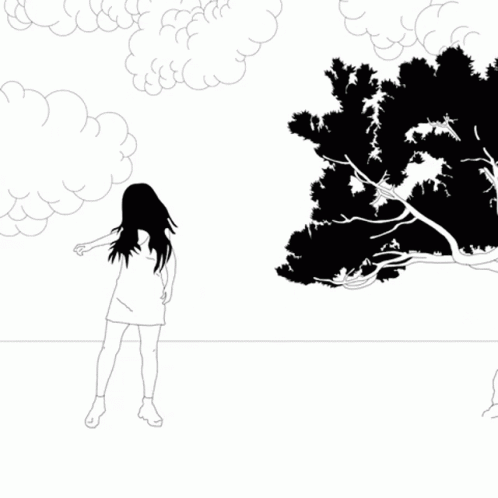 Animated black and white image of a girl reaching out to a tree