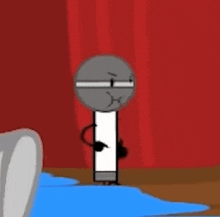 a cartoon microphone is standing on a stage with a red curtain behind it .