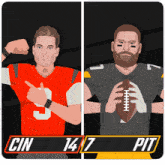 two football players are standing next to each other with the numbers 14 and 7 on them