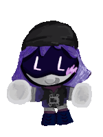 a drawing of a person with purple hair and a black hat with the letter l on it