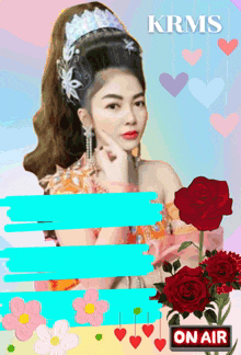 a woman with a crown on her head is surrounded by flowers and a sign that says on air