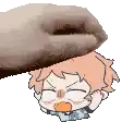 a hand is putting a cartoon character 's head on top of another cartoon character 's head .