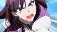 a girl with brown hair and green eyes is looking at the camera