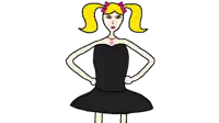 a cartoon drawing of a girl wearing a black dress