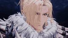 a cartoon character with long blonde hair and red eyes looks at the camera