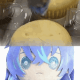 a stuffed animal with blue hair and blue eyes