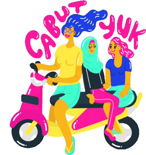 Girls On Motorcycle With Caption "Let'S Hang Out" In Indonesian Sticker - Girls Driving Scooter Stickers