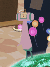 a cartoon character is standing in front of balloons in a room