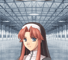 a nun with red hair and blue eyes is standing in an empty building