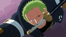 a cartoon character with green hair holding a sword