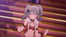 a girl with pigtails and red eyes is dancing on a stage in a video game .