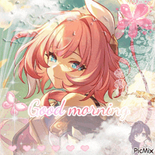 a picture of a girl with pink hair and blue eyes says good morning