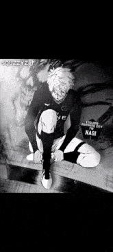 a black and white drawing of a soccer player tying his shoes
