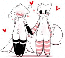 two furry animals are holding hands in a cartoon .