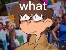 a cartoon drawing of a boy with the word what written on his head
