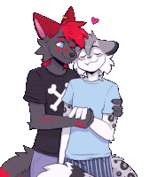 a furry couple hugging each other with one wearing a shirt with bones on it
