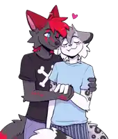 a furry couple hugging each other with one wearing a shirt with bones on it