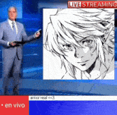 a man in a suit and tie is standing in front of a screen that says live streaming