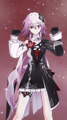 a girl with purple hair and red eyes is wearing a black dress