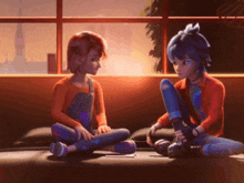 a couple of cartoon characters sitting on the floor