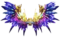 a pair of wings with purple and gold feathers