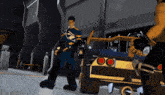 a man in a blue and yellow uniform is standing next to a yellow and black car