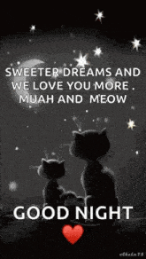 a couple of cats are sitting next to each other under a starry night sky .