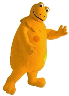a yellow stuffed animal with a yellow spot on its chest is standing on a white background .
