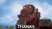 a cartoon drawing of a red robot with the words thanks below it