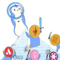 a penguin is holding a sword and a coin that says eth on it
