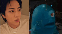 a close up of a person next to a cartoon character