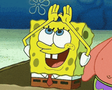 a cartoon of spongebob making a funny face with his hands
