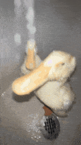 a stuffed animal with a long ear is being washed in a sink